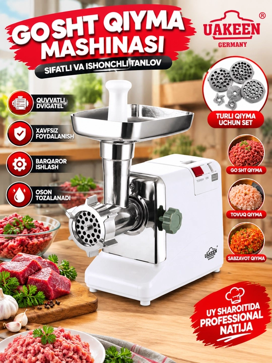 Uakeen Go‘sht Qiymalagich 2800W Kuchli Dvigatel Go‘sht Tovuq va Sabzavot uchun - 