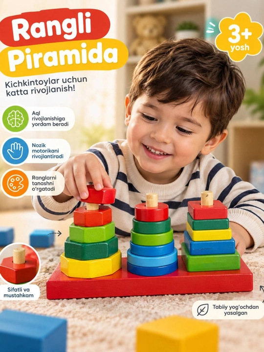Rangli piramida, bolalar o‘yinchog‘i, yog‘och piramida, rivojlantiruvchi o‘yinchoq - 