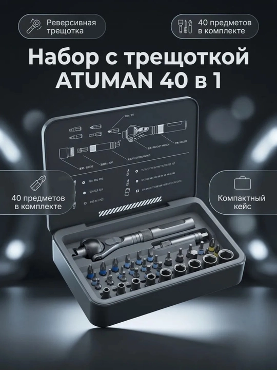 Набор отверток с трещоткой ATUMAN RS-2 40 в 1 отвертка с битами и головками в кейсе - 