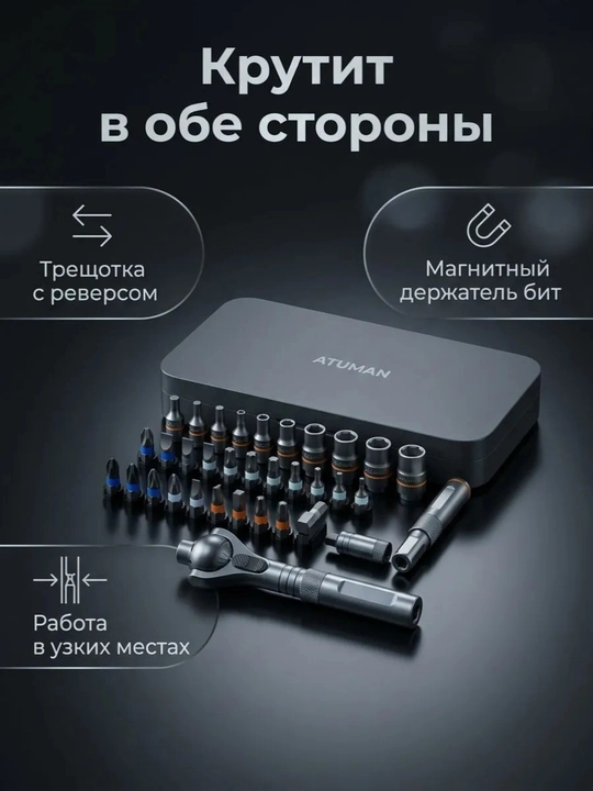 Набор отверток с трещоткой ATUMAN RS-2 40 в 1 отвертка с битами и головками в кейсе