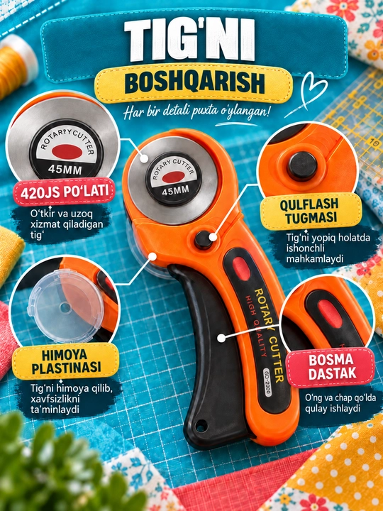 Mato va teri uchun bichish pichog‘i, 5 ta almashuvchi tig‘ va g‘ilof