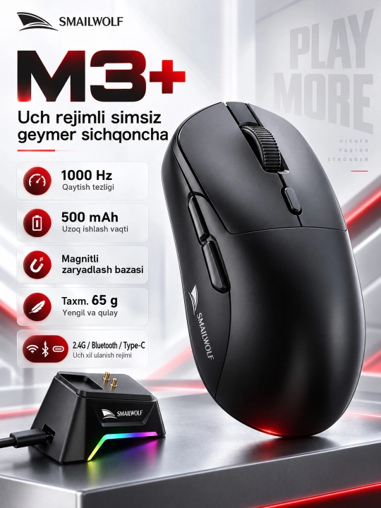 Simsiz o‘yin sichqonchasi SMAILWOLF M3+ Bluetooth, 2.4G, Type-C - 