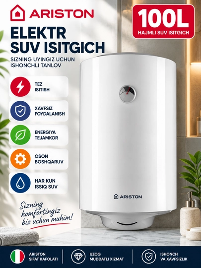 Aristonlar 100 litr elektr suv isitgichi, devorga o‘rnatiladigan 1500 Vt boyler - 