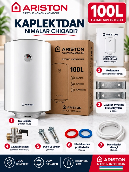 Aristonlar 100 litr elektr suv isitgichi, devorga o‘rnatiladigan 1500 Vt boyler