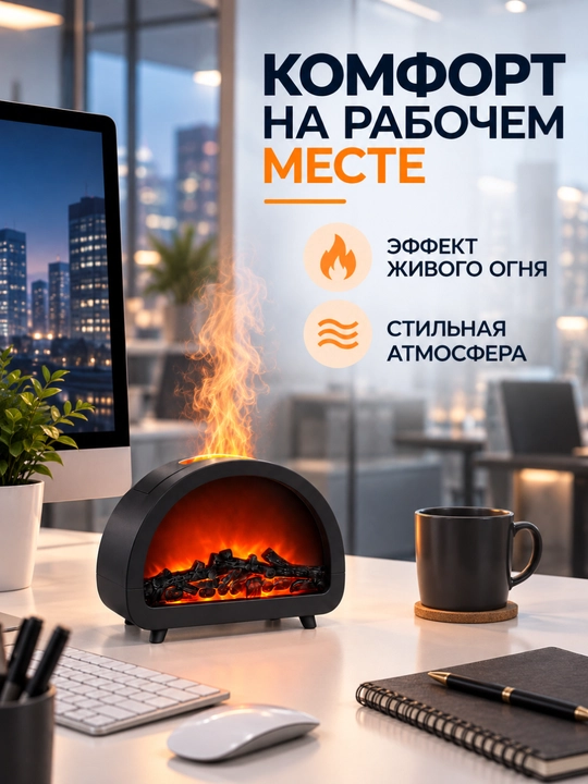 Dekorativ olov effektli havo namlagich va aroma diffuzor, LED tungi chiroq, 200 ml