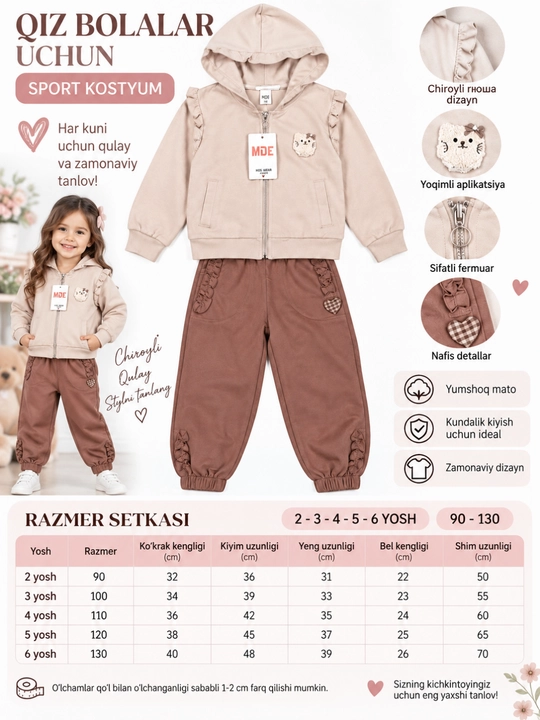 Спортивный костюм для девочки 2-6 лет с капюшоном мягкий комплект
