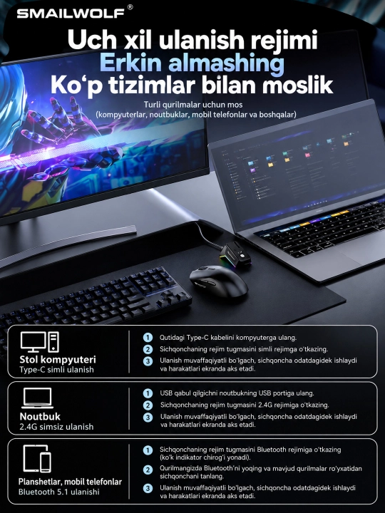 Simsiz o‘yin sichqonchasi SMAILWOLF M3+ Bluetooth, 2.4G, Type-C