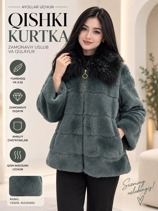 Ayollar qishki mo‘ynali kurtkasi, yoqali, cho‘ntakli, zamokli - 
