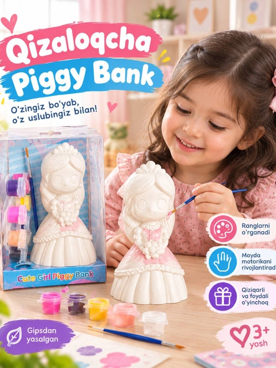 Gips figurina, qizaloq figurina, bo‘yash to‘plami, bolalar ijodiy to‘plami, bo‘yoqlar, DIY - 