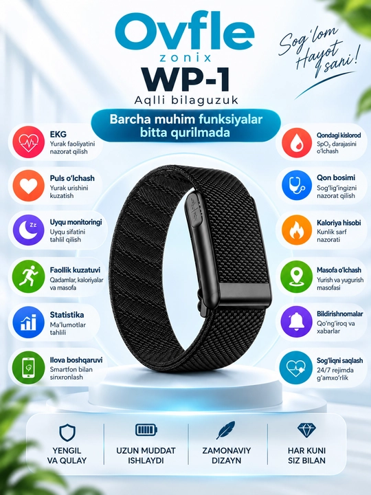 Ovfle Zonix WP-1 aqlli bilaguzuk, smart braslet, EKG, puls va faollik monitoringi
