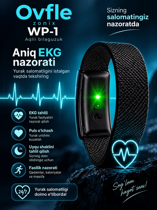 Ovfle Zonix WP-1 aqlli bilaguzuk, smart braslet, EKG, puls va faollik monitoringi