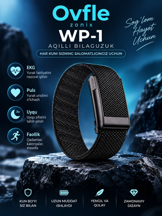 Ovfle Zonix WP-1 aqlli bilaguzuk, smart braslet, EKG, puls va faollik monitoringi
