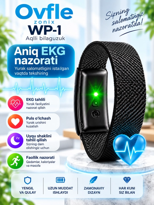 Ovfle Zonix WP-1 aqlli bilaguzuk, smart braslet, EKG, puls va faollik monitoringi
