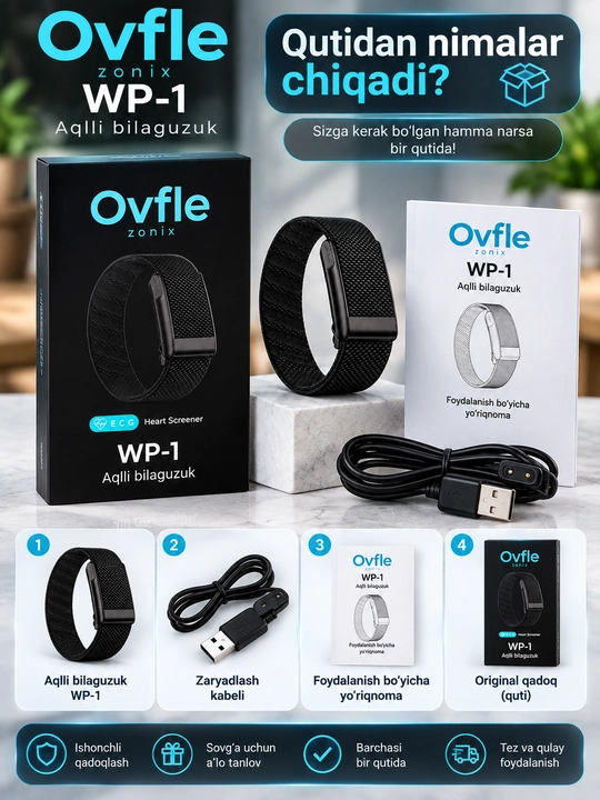Ovfle Zonix WP-1 aqlli bilaguzuk, smart braslet, EKG, puls va faollik monitoringi