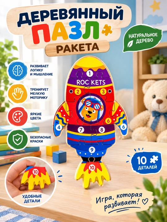 Детский 3D деревянный пазл, 6 видов