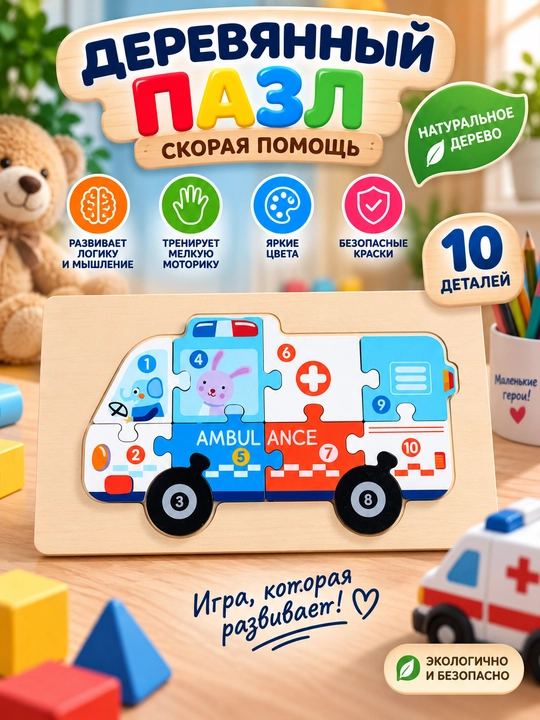 Детский 3D деревянный пазл, 6 видов