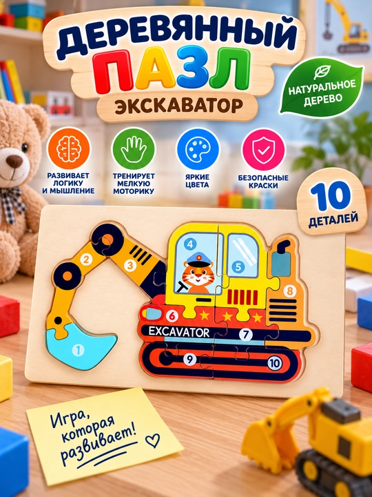 Детский 3D деревянный пазл, 6 видов