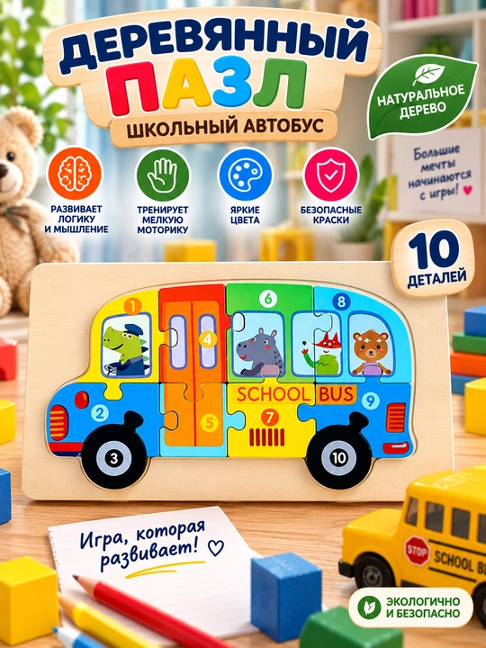 Детский 3D деревянный пазл, 6 видов