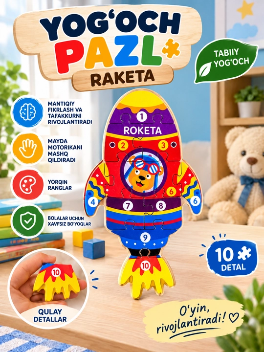 Bolalar uchun 3D yog‘och pazl, 6 xil - 