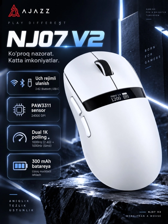 O‘yin Sichqonchasi AJAZZ NJ07 V2, Simsiz 2.4G, Bluetooth va Simli, 24000 DPI, RGB, 300mAh - 