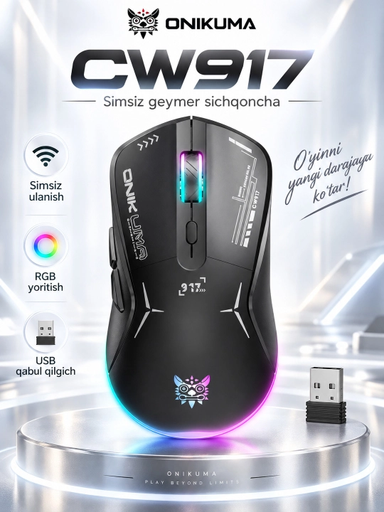 ONIKUMA CW917 RGB simsiz o‘yin sichqonchasi, 2.4 GHz/USB Type-C, 4800 DPI - 