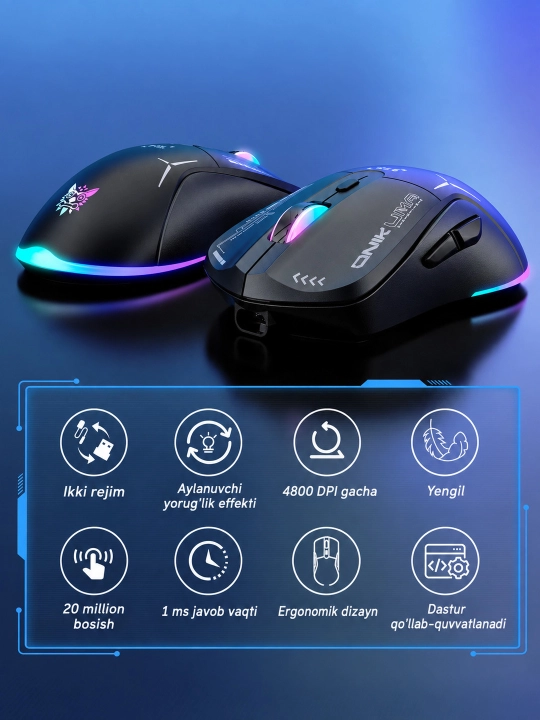 ONIKUMA CW917 RGB simsiz o‘yin sichqonchasi, 2.4 GHz/USB Type-C, 4800 DPI