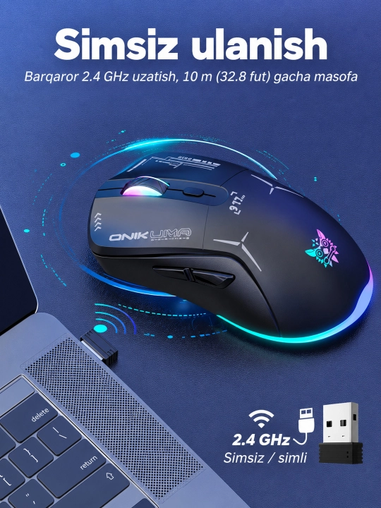ONIKUMA CW917 RGB simsiz o‘yin sichqonchasi, 2.4 GHz/USB Type-C, 4800 DPI