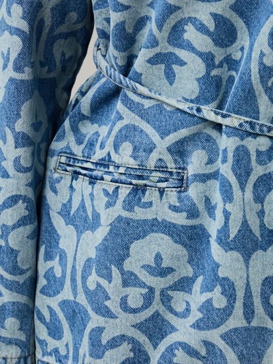 UMA ayollar uchun vintage naqshli va belbog‘li denim kimono-jaket