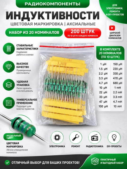Induktivlik 0410 1 mkGn-10 mkGn, 20 nominallik to‘plam, 200 dona - 