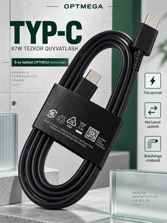 Кабель для быстрой зарядки, type-c to type-c, fast charging, Samsung, Xiaomi, сила тока 7А - 