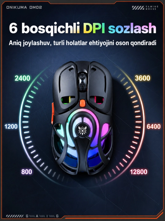 ONIKUMA DM02 RGB simsiz o‘yin sichqonchasi, 2.4 GHz/USB Type-C, 12800 DPI