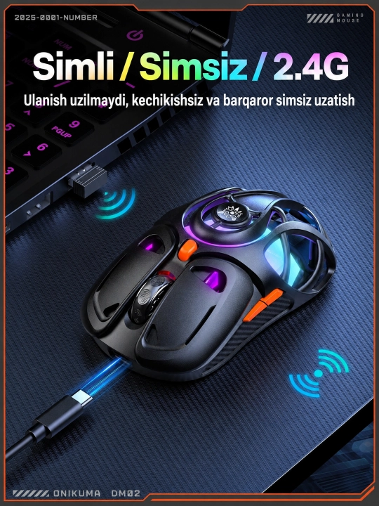 ONIKUMA DM02 RGB simsiz o‘yin sichqonchasi, 2.4 GHz/USB Type-C, 12800 DPI