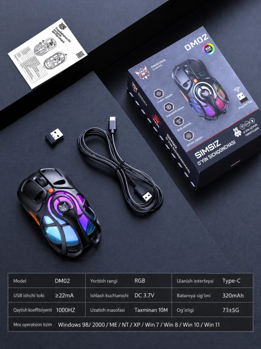 ONIKUMA DM02 RGB simsiz o‘yin sichqonchasi, 2.4 GHz/USB Type-C, 12800 DPI