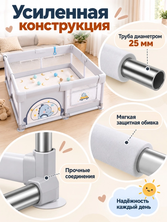 Большой детский манеж 200×200 см, сетчатый, мягкий борт, вход на молнии