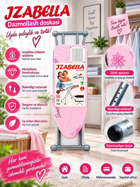 Dazmollash doskasi, metall, buklanadigan, balandligi sozlanadigan, dazmol taglikli