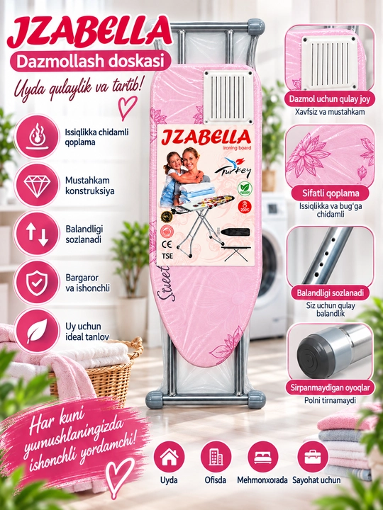 Dazmollash doskasi, metall, buklanadigan, balandligi sozlanadigan, dazmol taglikli