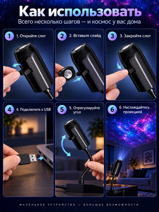 Проектор звездного неба USB, ночник, 360 градусов, 6/10/17 слайдов для комнаты