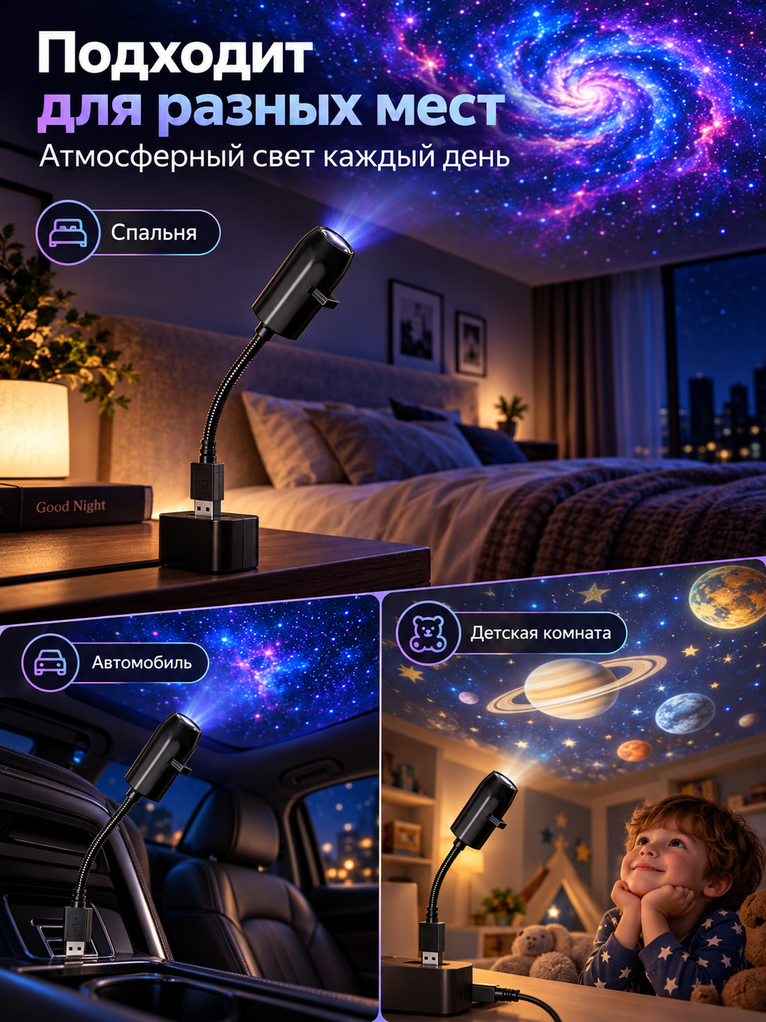 Проектор звездного неба USB, ночник, 360 градусов, 6/10/17 слайдов для комнаты