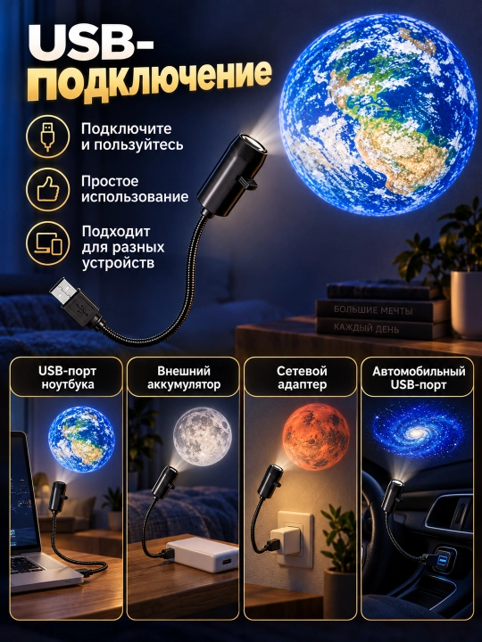 Проектор звездного неба USB, ночник, 360 градусов, 6/10/17 слайдов для комнаты