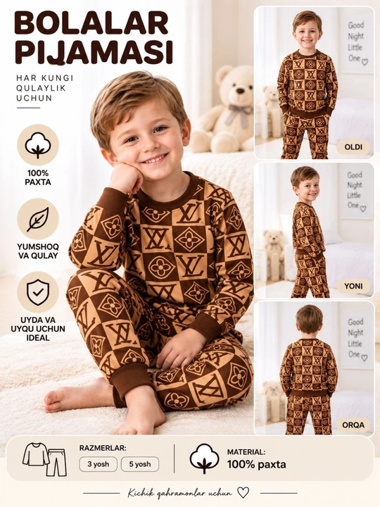 Pijama, bolalar pijamasi, 3-5 yoshlilar uchun mo‘ljallangan