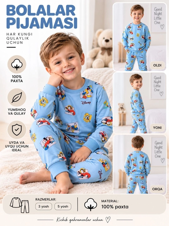 Pijama, bolalar pijamasi, 3-5 yoshlilar uchun mo‘ljallangan