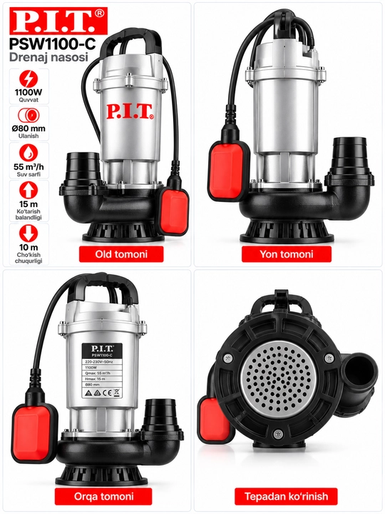 P.I.T. PSW1100-C drenaj nasosi 1100W, 55 m³/soat, suv chiqarish uchun