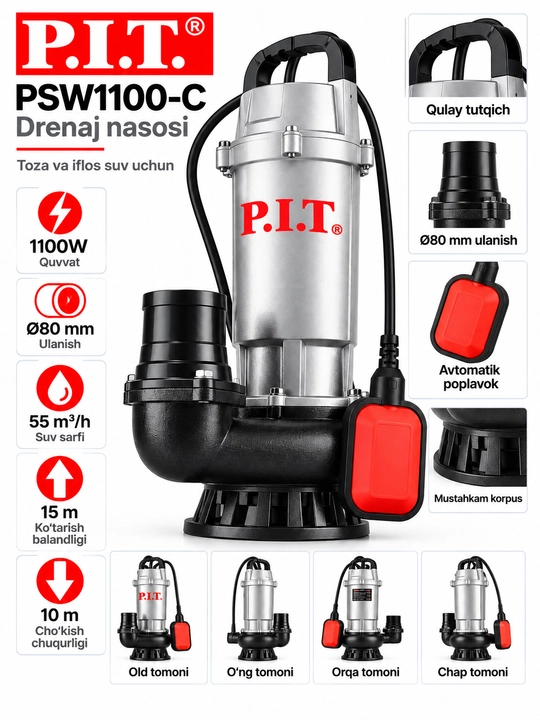 P.I.T. PSW1100-C drenaj nasosi 1100W, 55 m³/soat, suv chiqarish uchun