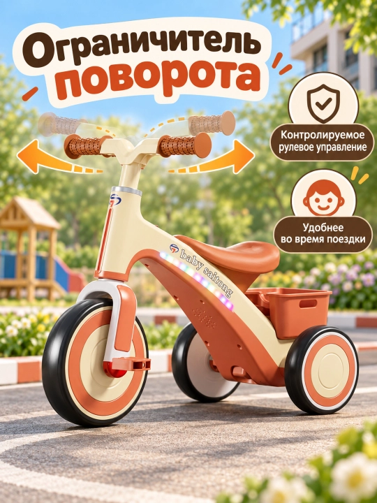 Детский трехколесный велосипед 1–6 лет, педали, музыка, подсветка и корзина
