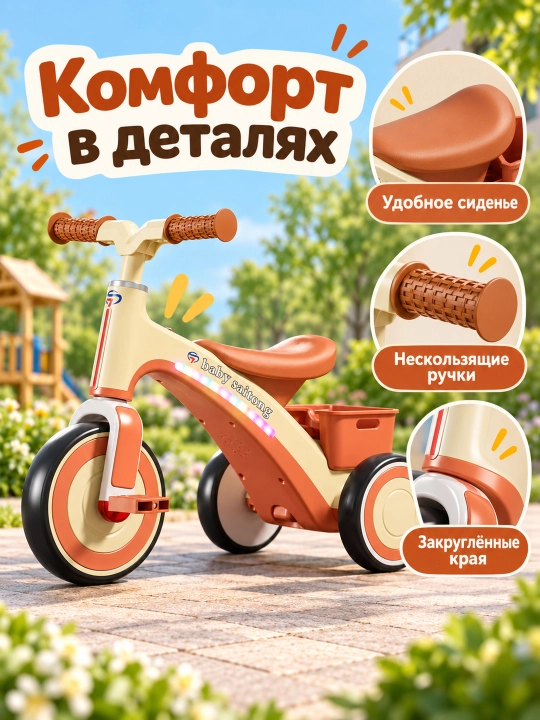 Детский трехколесный велосипед 1–6 лет, педали, музыка, подсветка и корзина