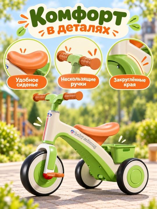 Детский трехколесный велосипед 1–6 лет, педали, музыка, подсветка и корзина