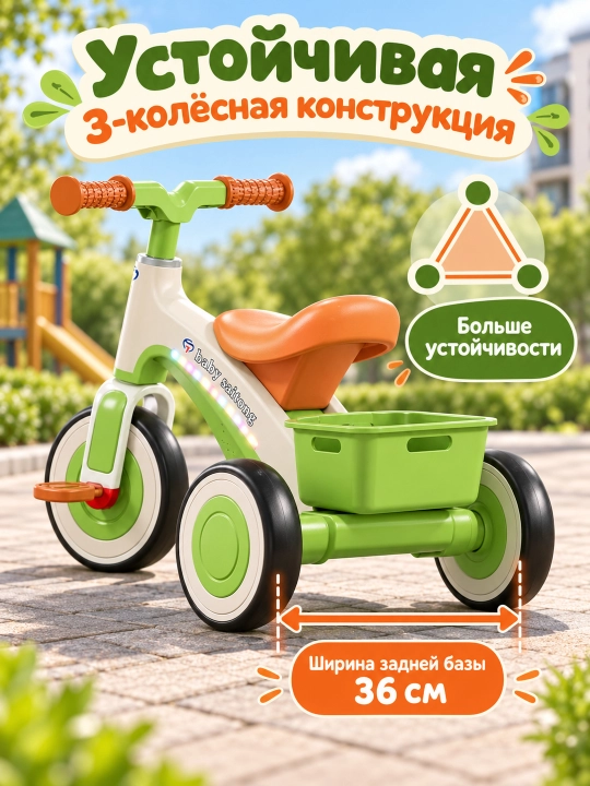 Детский трехколесный велосипед 1–6 лет, педали, музыка, подсветка и корзина