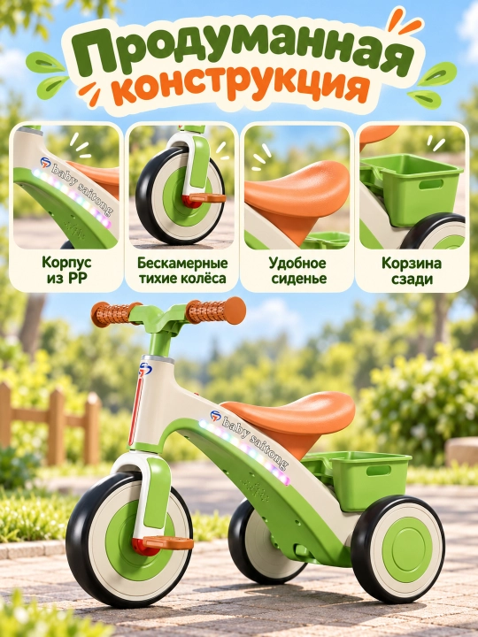 Детский трехколесный велосипед 1–6 лет, педали, музыка, подсветка и корзина