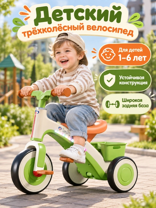 Bolalar uchun uch g‘ildirakli velosiped 1–6 yosh, pedalli, musiqa va chiroqli - 