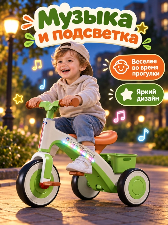 Детский трехколесный велосипед 1–6 лет, педали, музыка, подсветка и корзина